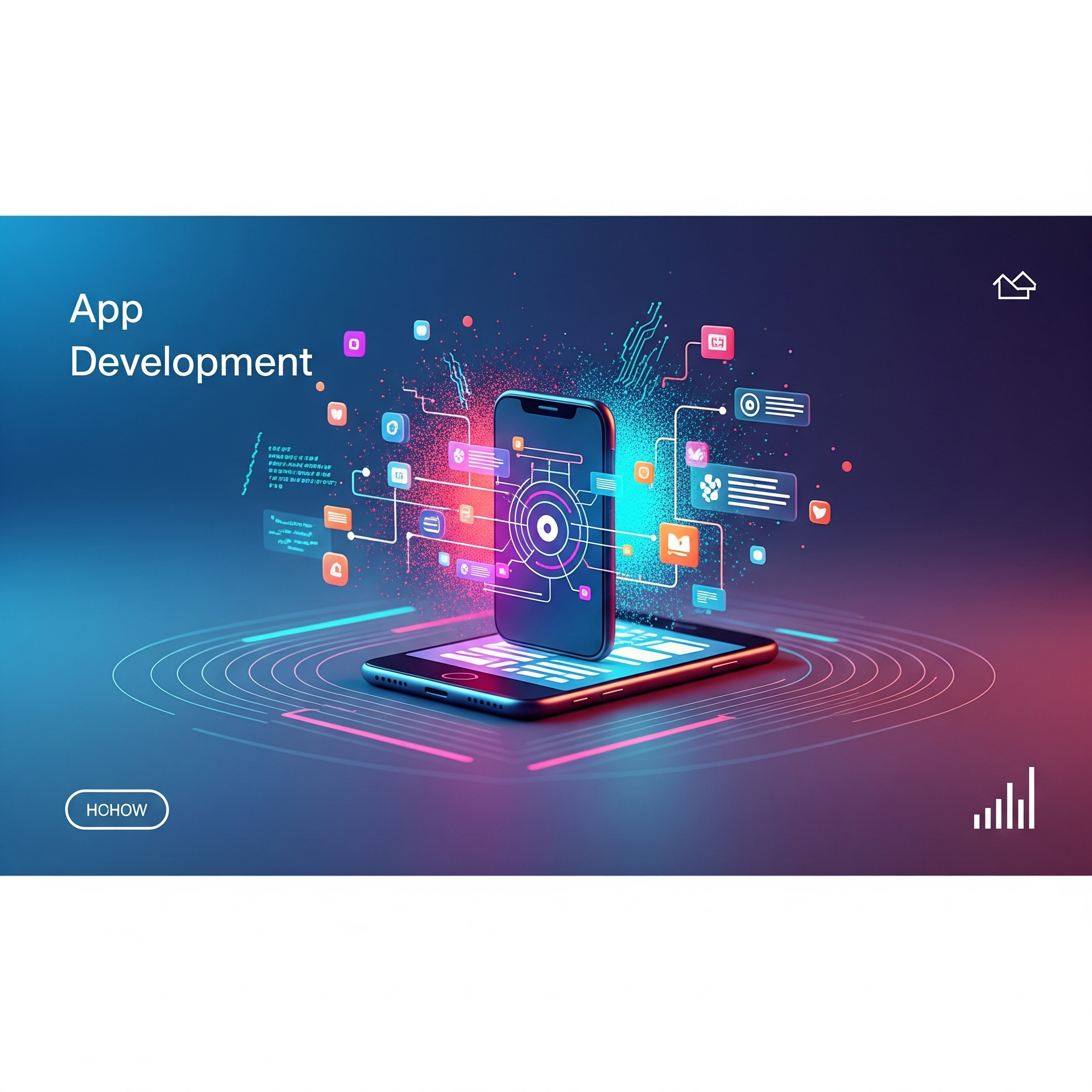 Mobile app development on smartphone screen with wireframes